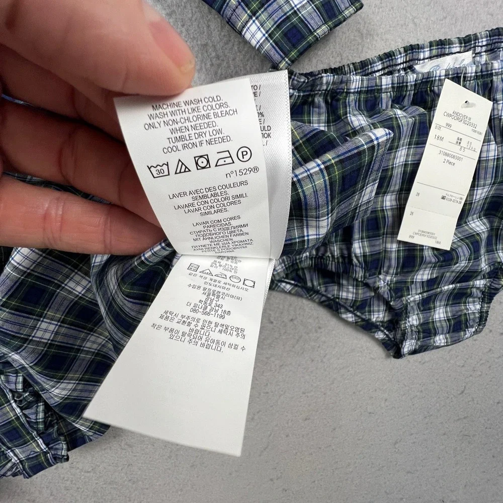 Ralph Lauren Plaid Dress Set Kids 18M Navy Green Ruffle Peter Pan Collar Preppy